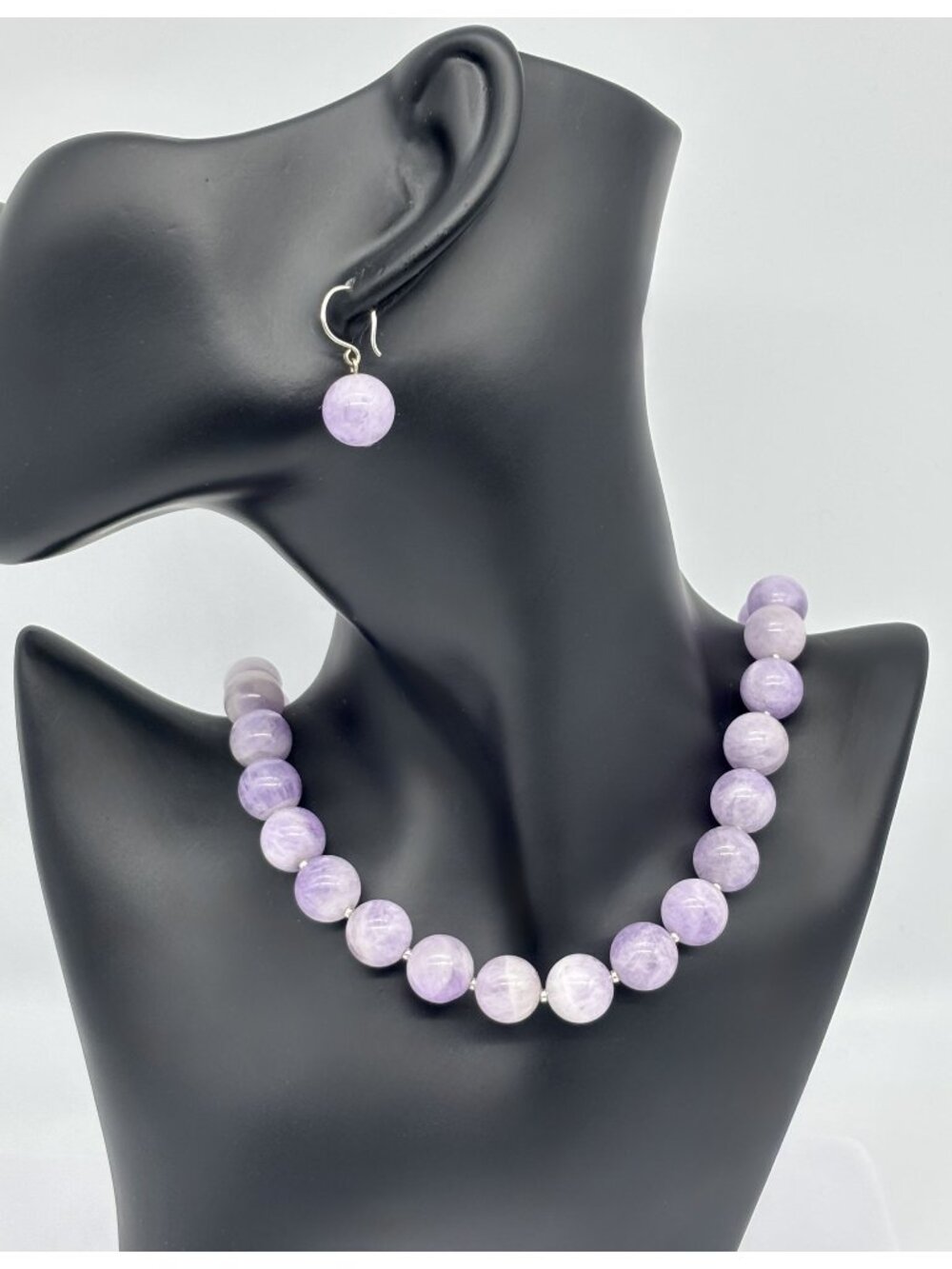 Artisan-Made 12mm Amethyst Beaded Necklace and Earrings Set With 999 Fine Silver